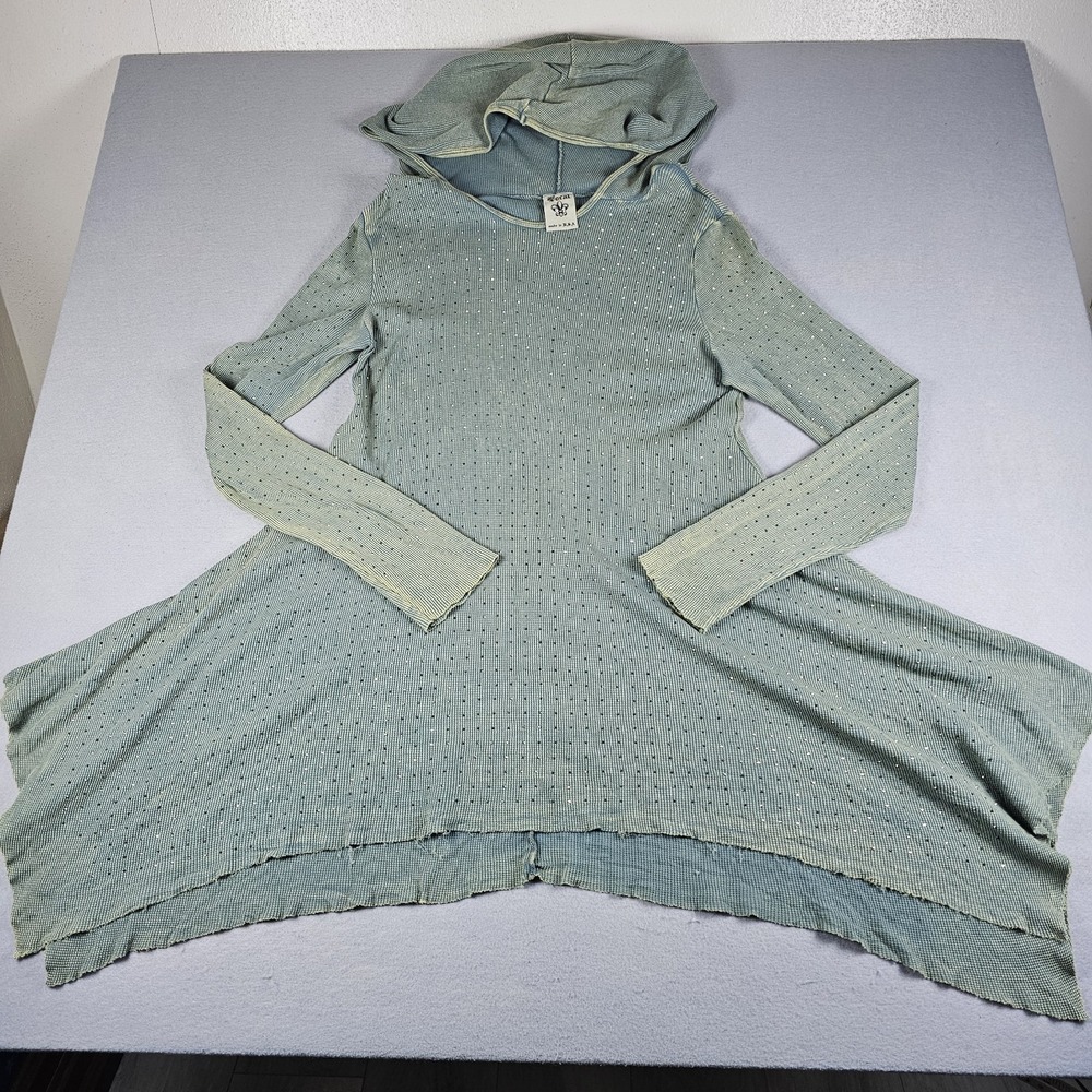 VTG Vocal Waffle Knit Hoodie Womens Extra Large Green Studded Handkerchief Hem